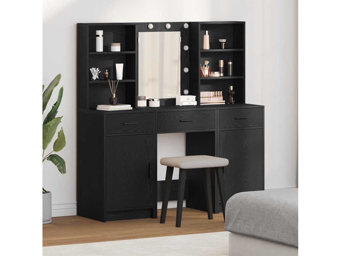Vidaxl Conjunto De Mesa De Maquiagem Com Led 3 Unid. Carvalho Preto