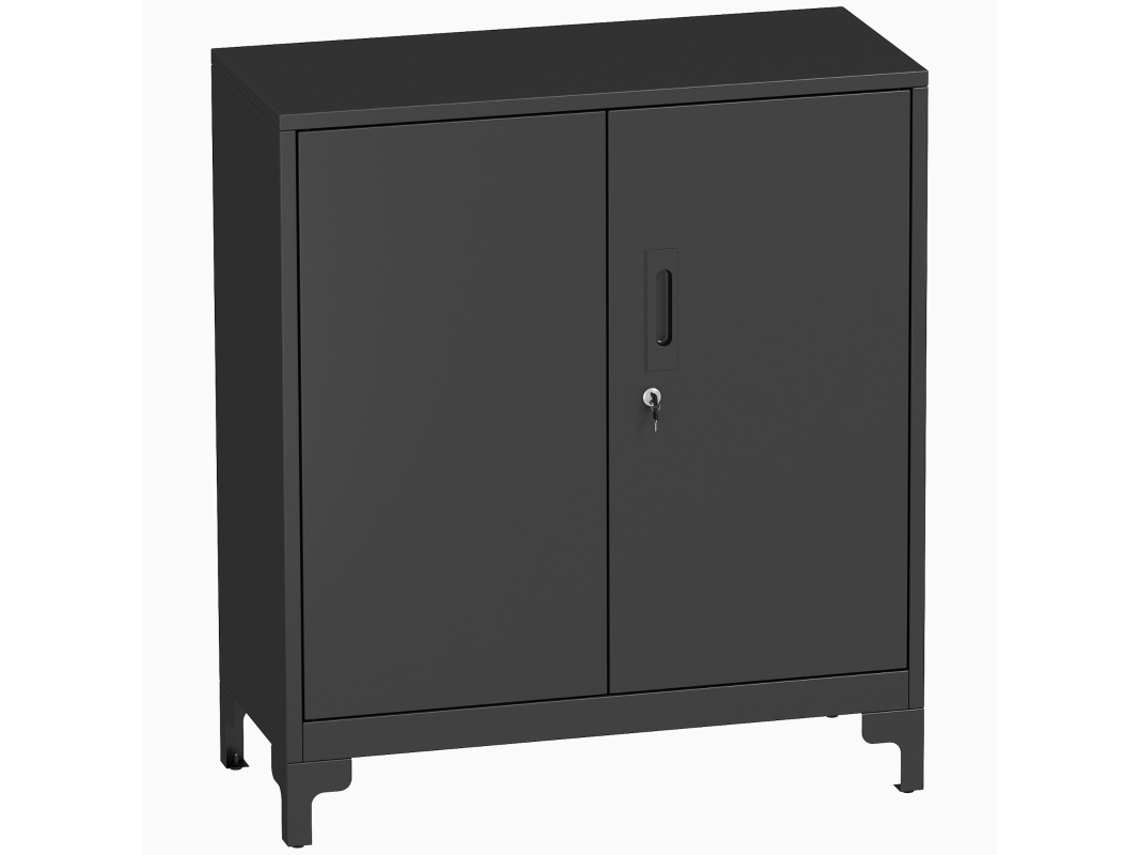 Armário De Escritório Em Metal, Portas Com Chave, Cômoda Para Escritório, Design De 2 Níveis, Preto.