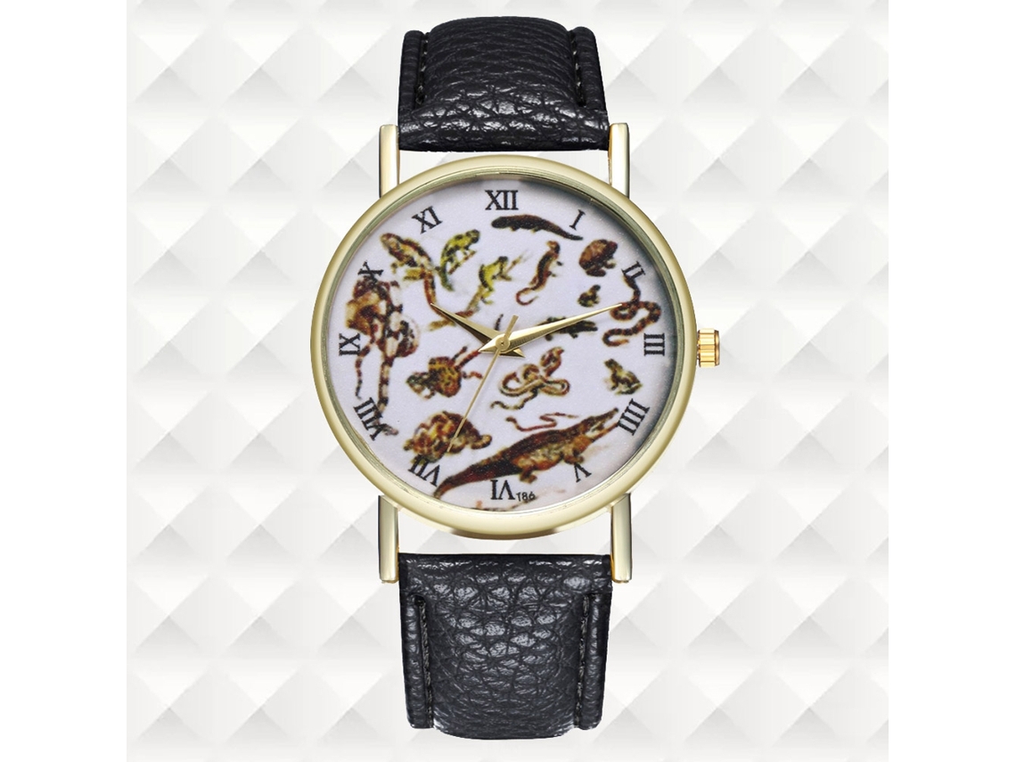 Reloj De Cuarzo Con Correa De Cuero Pu Patrón Animal Numerales Romanos Unisex Negro