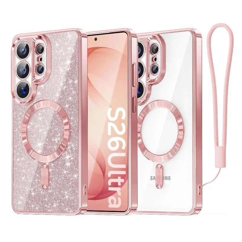 Capa Protetora Magnética De Tpu Macio (rosa Para Galaxy S22 5g) Com Cordão Eletrodepositado Com Glitter
