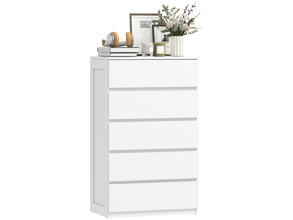Cômoda de Madeira com 5 Gavetas e Alças Sulcadas. 60x38x100cm. Branco Ge