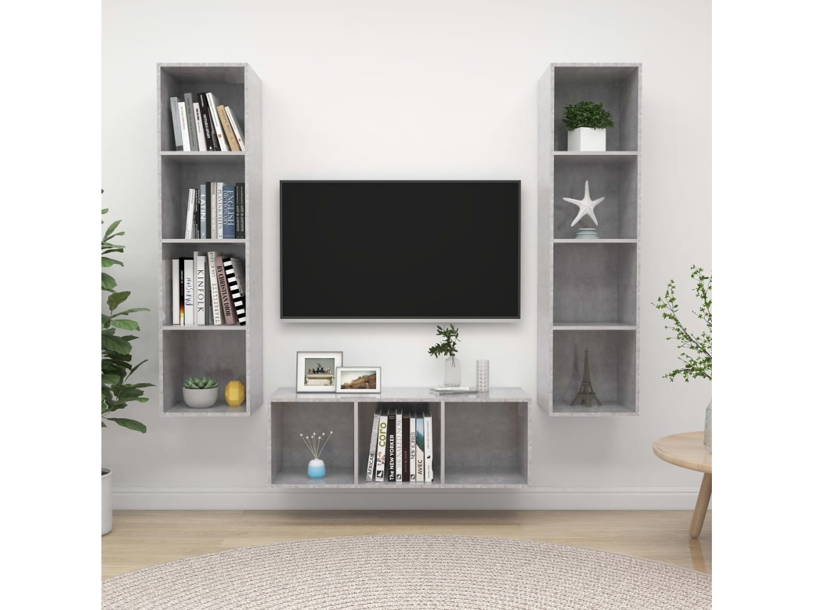 Vidaxl 3 Pcs Conjunto De Móveis De Tv Contraplacado Cinzento Cimento