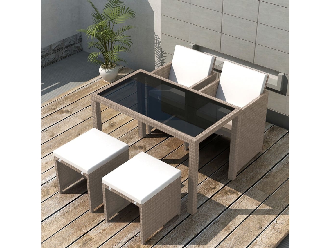 Vidaxl 5 Pcs Conjunto Jantar Exterior Com Almofadões Vime Pe Bege