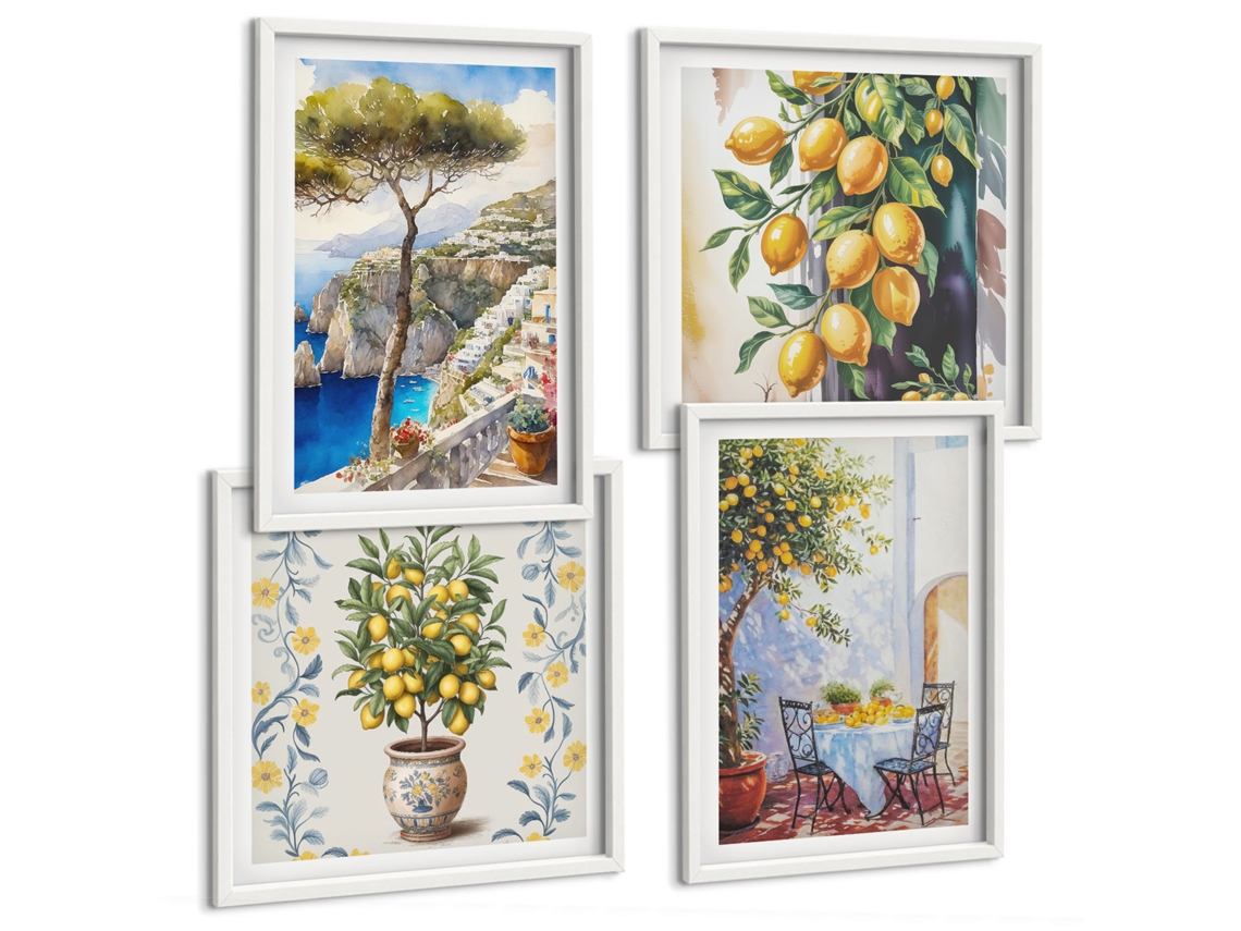 Composição De Quadros Cítricos No Estilo Mediterrâneo Espelharte (4 Peças)