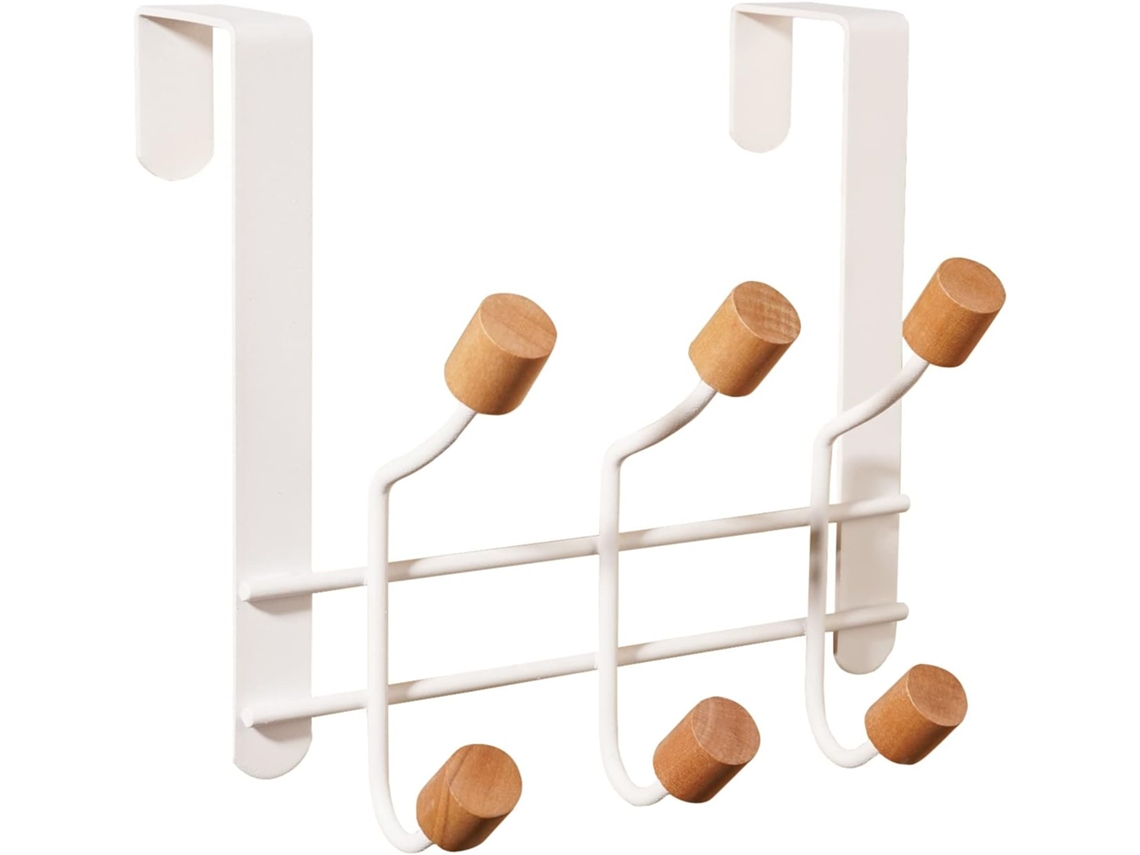 Gancho de Porta Branco em Metal Resistente com 6 Ganchos Madeira BRILVIBERA