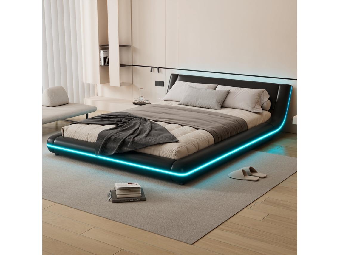 Cama Plataforma 140x200 Preta Led Sem Cabeceira