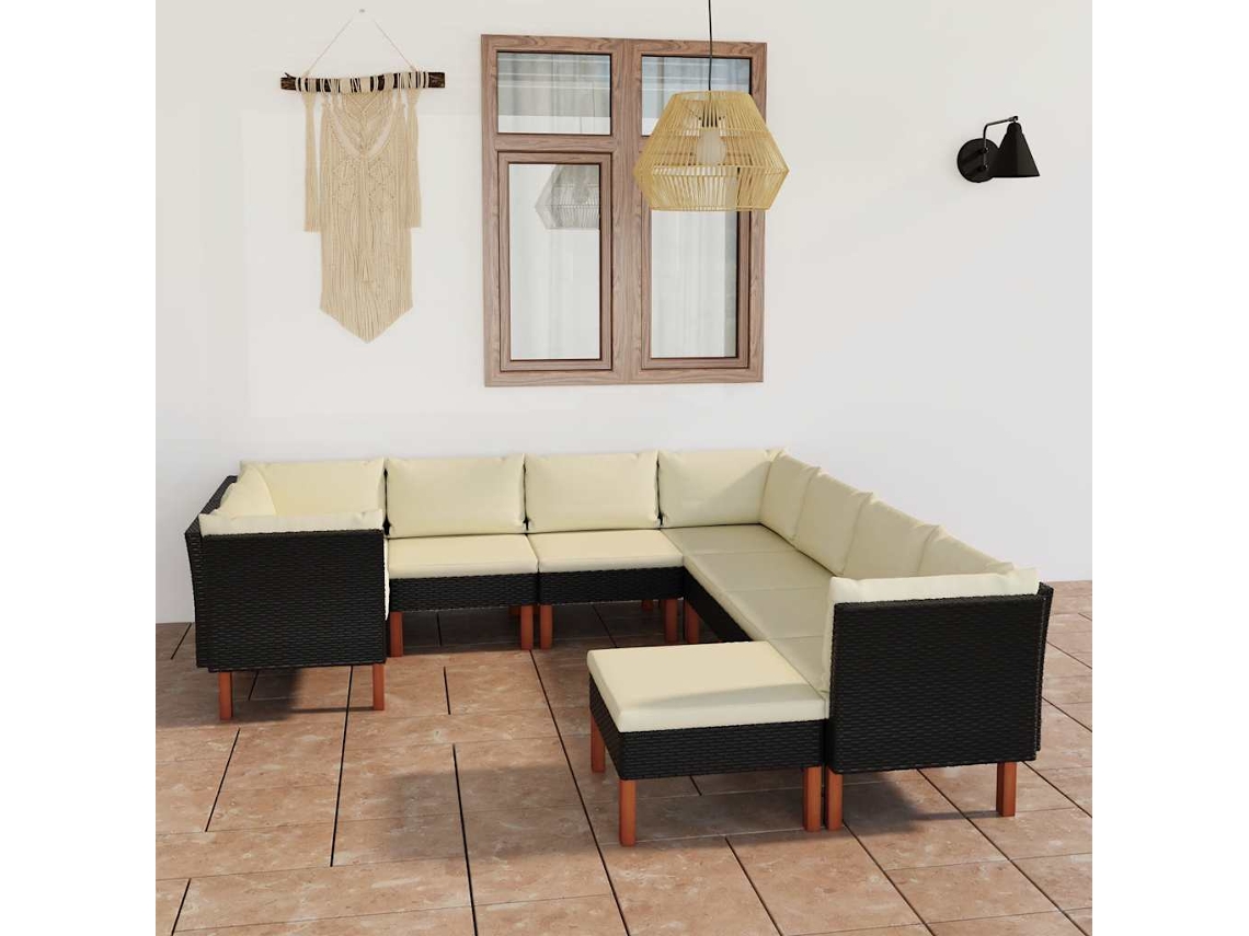 Vidaxl 9 Pcs Conjunto Lounge De Jardim C/ Almofadões Vime Pe Preto