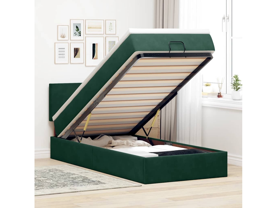 Estrutura De Cama Otomana Vidaxl Com Colchão Verde Escuro Veludo
