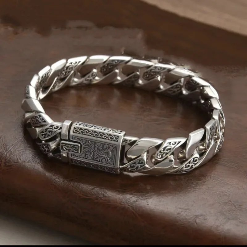 Pulseira Masculina com Padrão de Videira Eterna , Corrente Trançada Larga. MDUG (18 Cm)