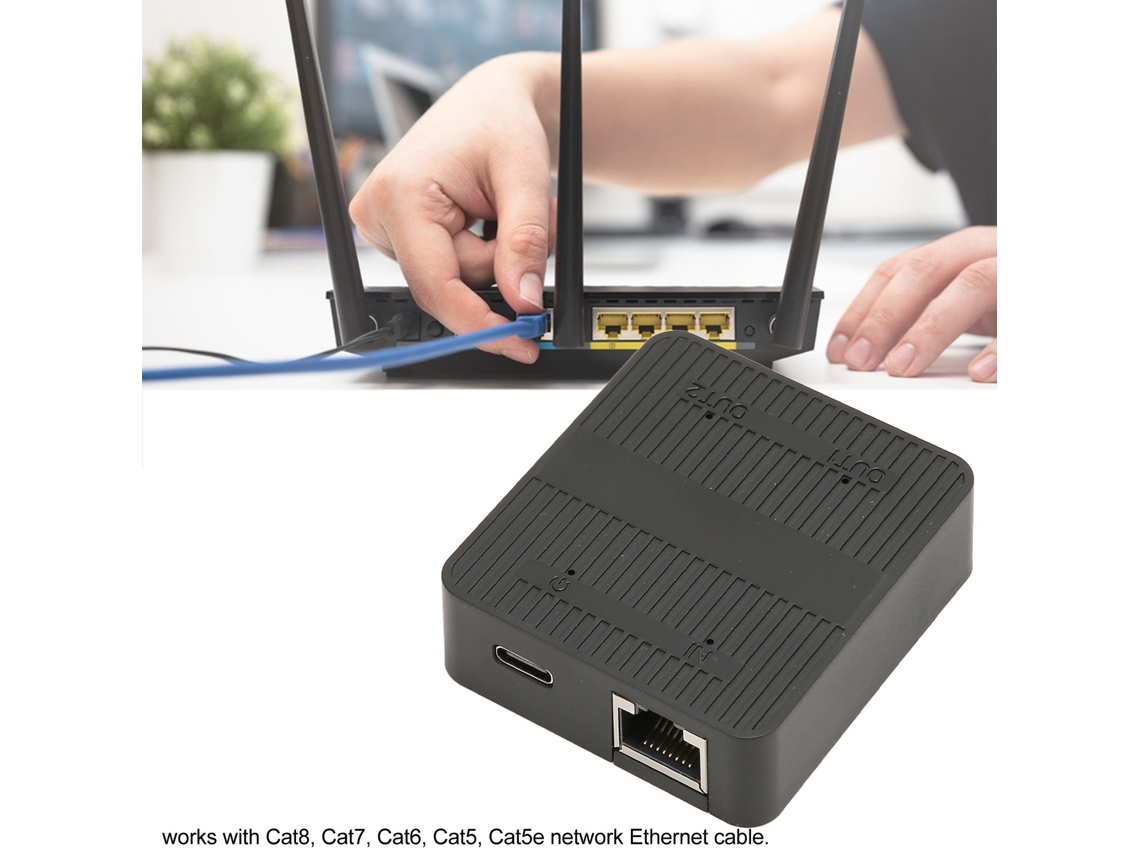 Divisor Ethernet RJ45 com 1 entrada e 2 saídas, 1000 Mbps, cabo USB-C para Switch, TV e PC.