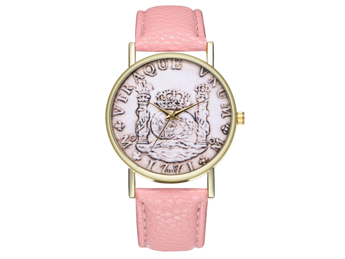 Relógio de Pulso Casal de Quartzo com Pulseira de Couro Padrão Moeda Dollar Rosa