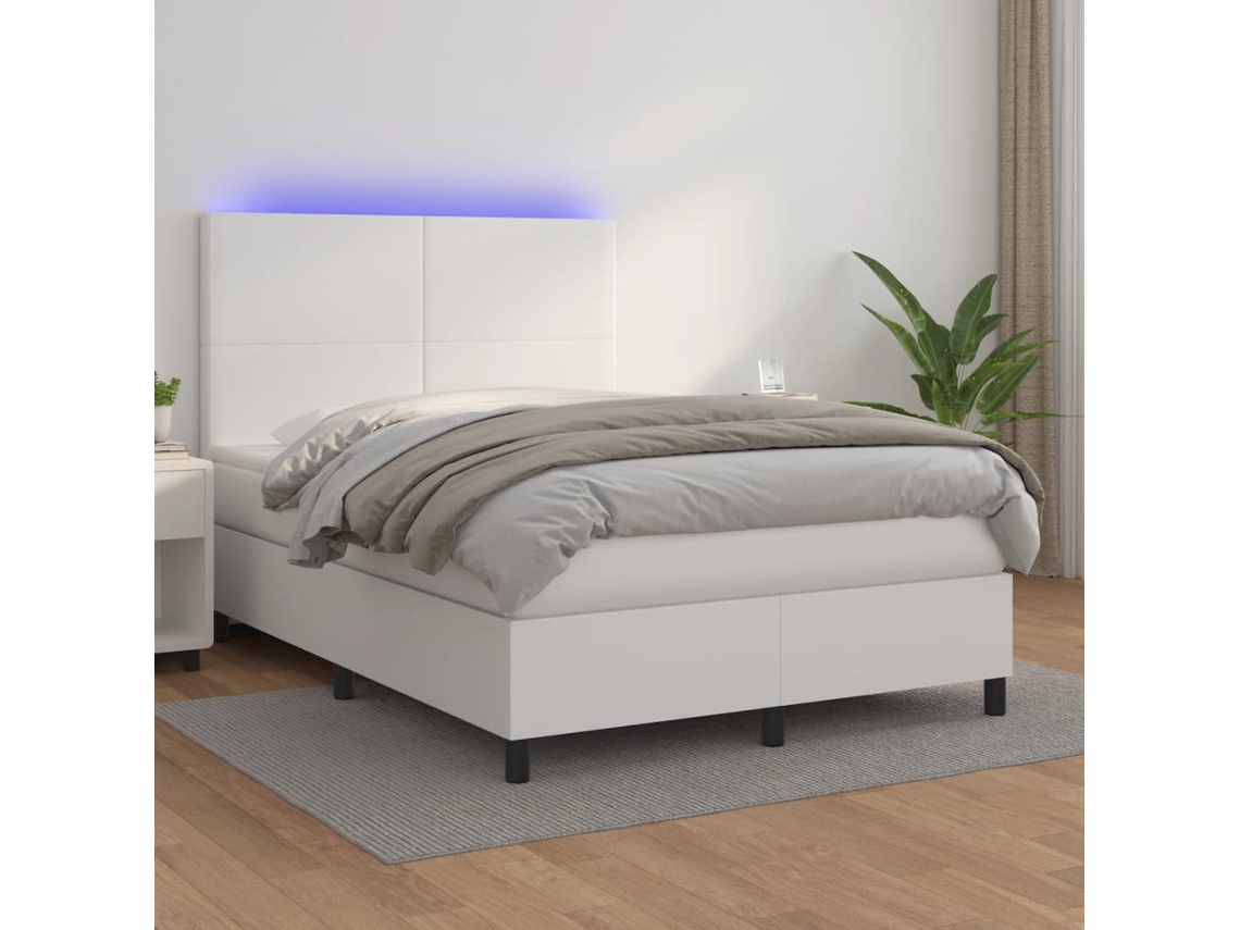 Vidaxl Cama Box Spring C/colchão/led 140x200cm Couro Artificial Branco