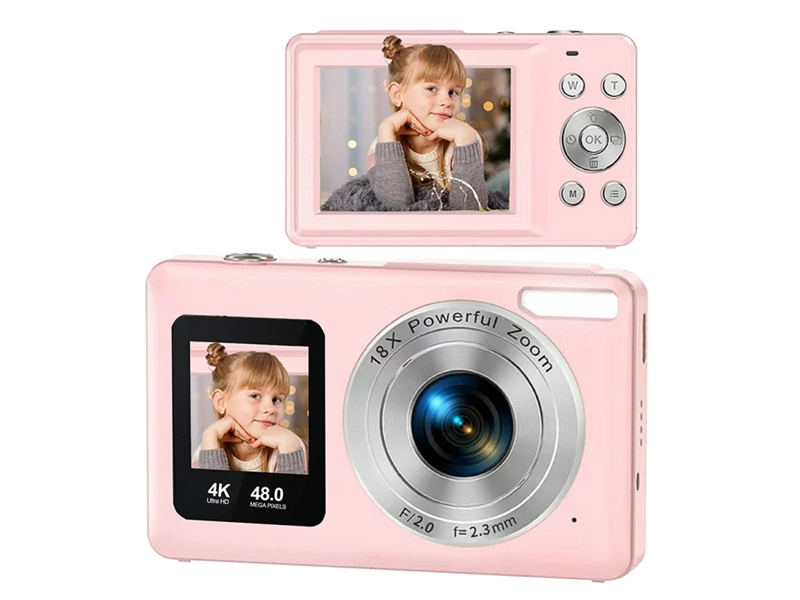 Câmara Digital 48mp 4k Duplo Ecrã,18x Zoom, 32gb, para Selfies, Iniciantes e Crianças Rosa HEXINYIGJLY