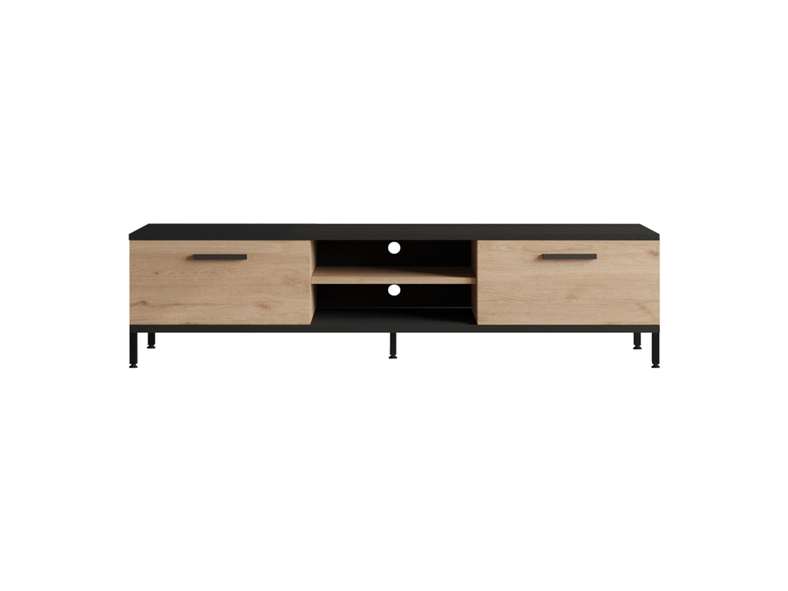 Móvel Tv Lempäälä com 2 Prateleiras e 2 Portas Aglomerado/Metal 39 X 160 X 35 Cm Efeito Carvalho / Preto [EN.CASA]