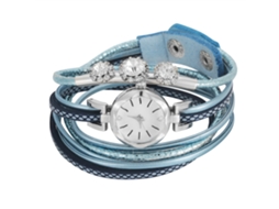 Relógio Pulseira Feminino com Strass Correa Pu Dial Redondo Relógio de Quartzo Azul