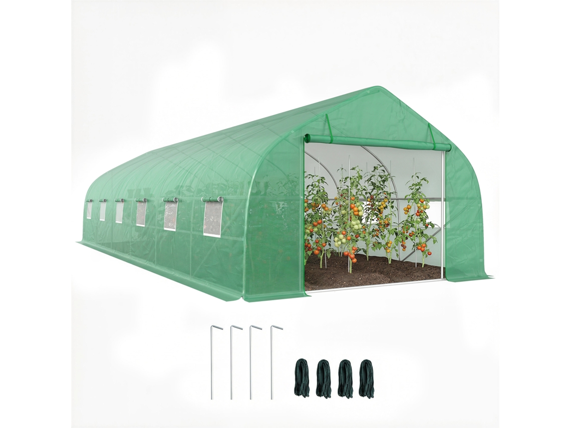 Estufa de Jardim em Pe e Túnel de Aço 8x3x2m com Porta e Janelas Enroláveis. Verde Ge