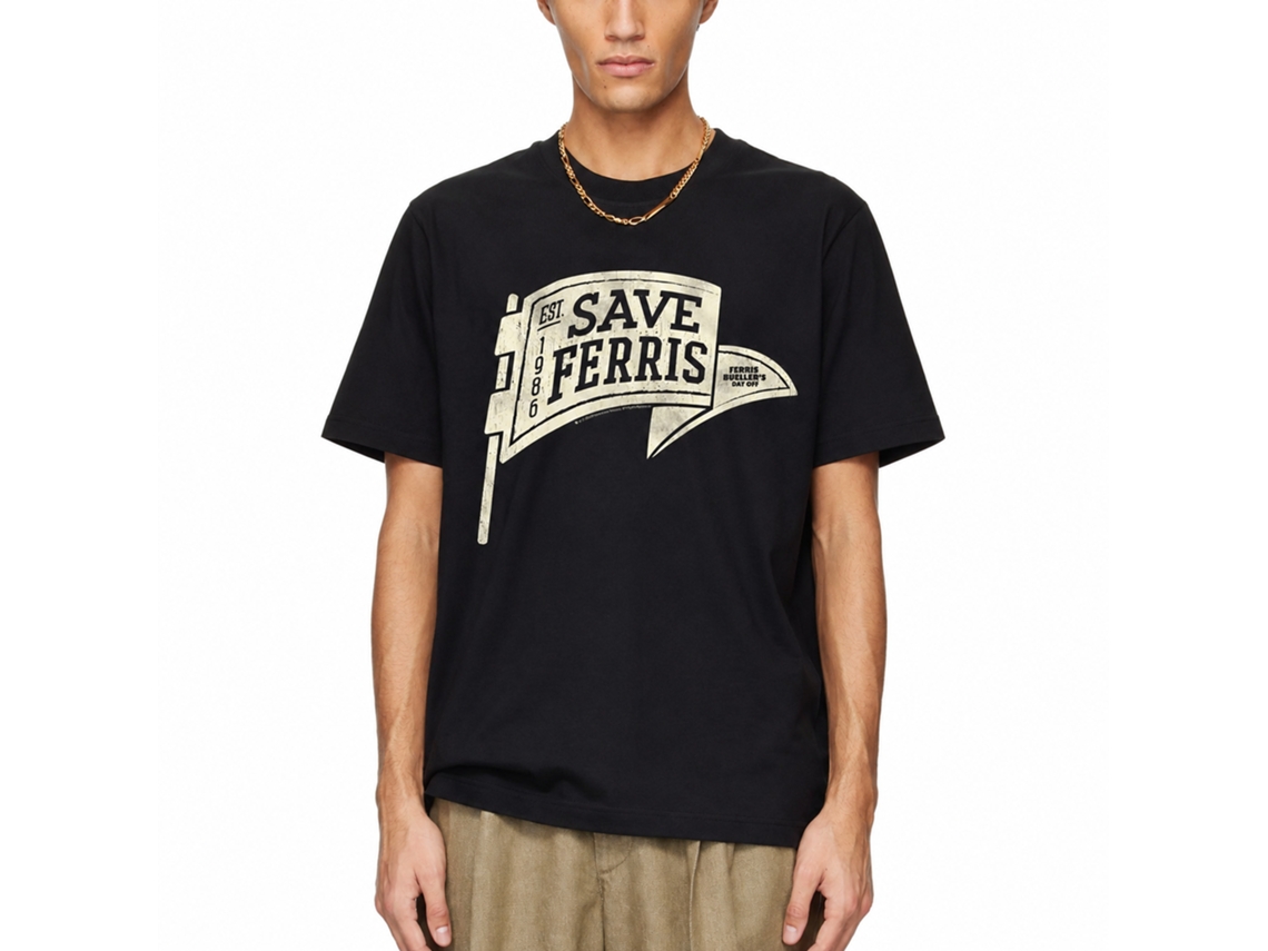 Rockinstone Ferris Bueller's Day Off Save Ferris Pennant Black Adult T-shirt Size:l