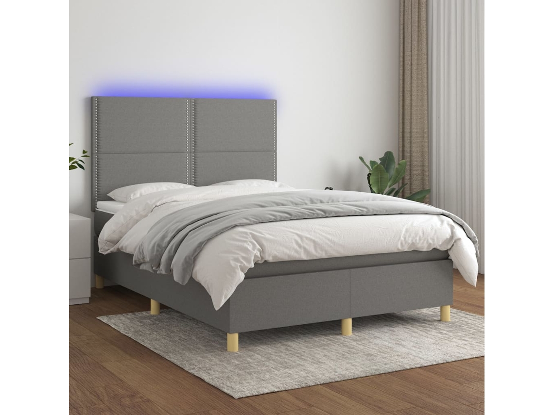 Vidaxl Cama Box Spring C/ Colchão E Led 140x190 Cm Tecido Cinza-escuro