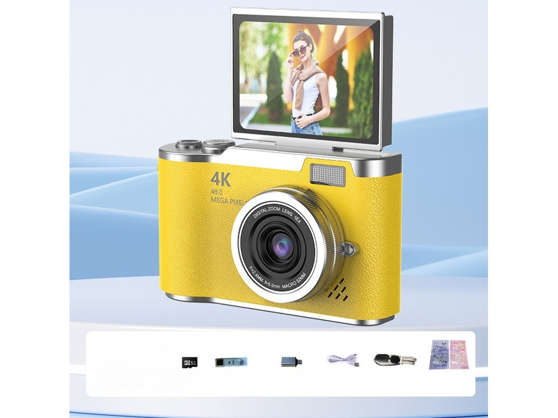 Câmara 4k 48mp para Iniciantes,ecrã Flip 180°, Autofoco, 8x Zoom, 32gb Cartão Amarelo HEXINYIGJLY