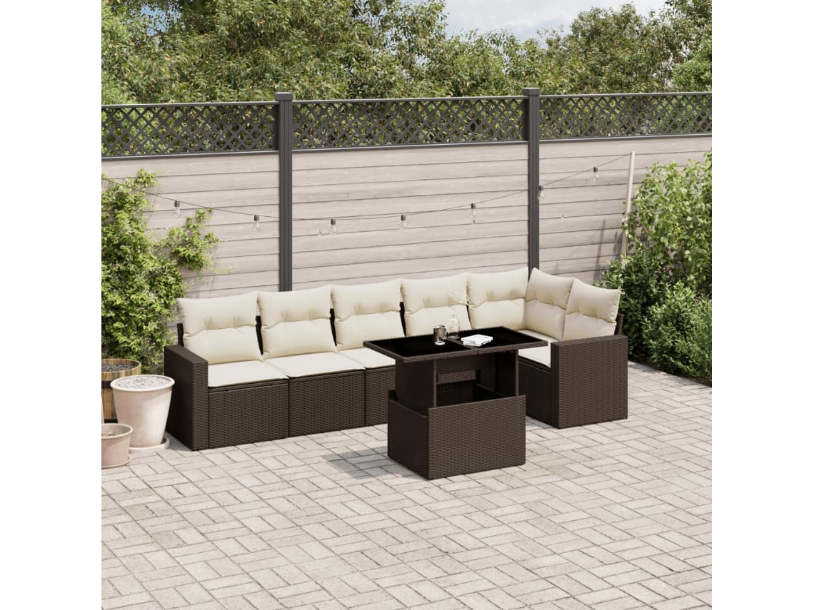 Vidaxl 7 Pcs Conjunto De Sofás Jardim C/ Almofadões Vime Pe Castanho