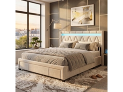 Cama de Casal em Linho com Led Rgb, Usb e 4 Gavetas, Bege, 160x200 Cm LAZYSPACE