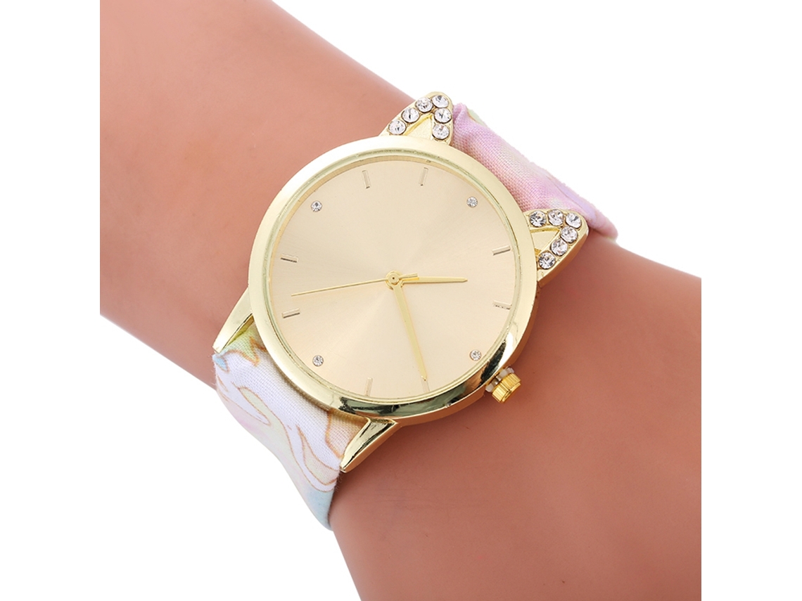 Relógio de Pulso Feminino Fashion Quartz com Strass e Mostrador Estampado Bege