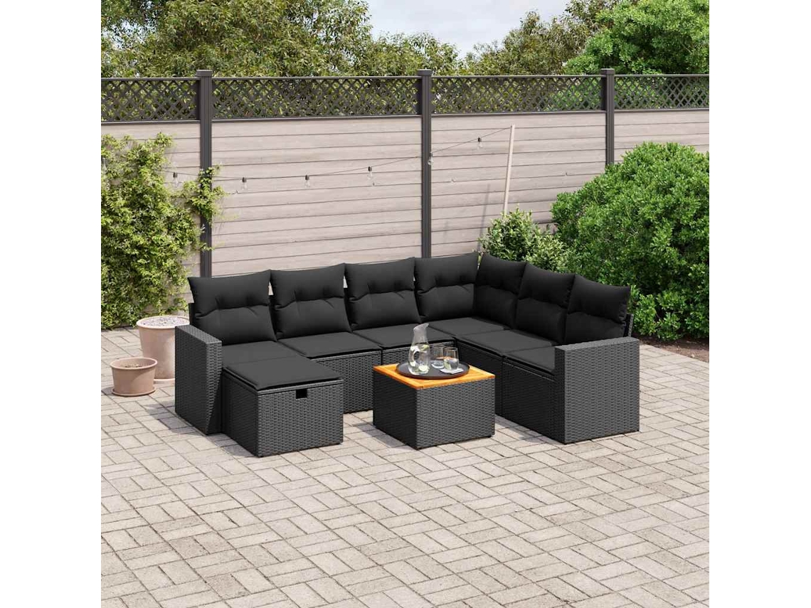 Vidaxl 8 Pcs Conjunto Sofás De Jardim Com Almofadões Vime Pe Preto