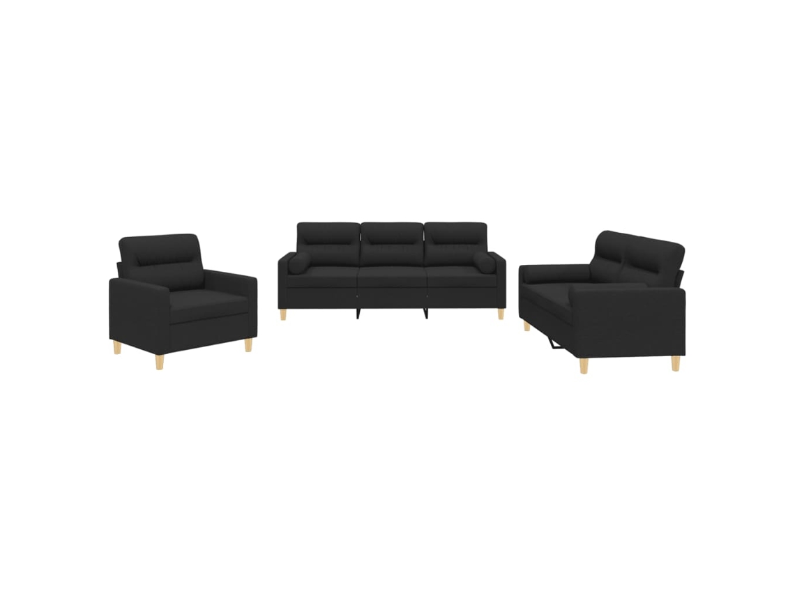 3 Pcs Conjunto de Sofás com Almofadas Tecido Preto MAISON EXCLUSIVE