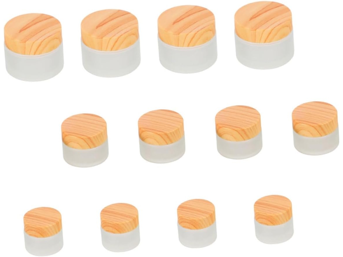 Conjunto De 12 Potes Cosméticos De Vidro Fosco Com Tampas Imitando Madeira.