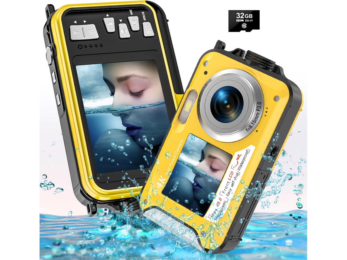Câmara Subaquática 4K com Cartão de 32Gb Bateria de 1250Mah 56Mp Autofoco À Prova de Água 11Ft Câmara Subaquática de Ecrã Duplo para Selfies IKIKSO