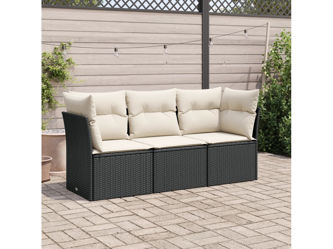 Vidaxl 3 Pcs Conjunto Sofás De Jardim Com Almofadões Vime Pe Preto