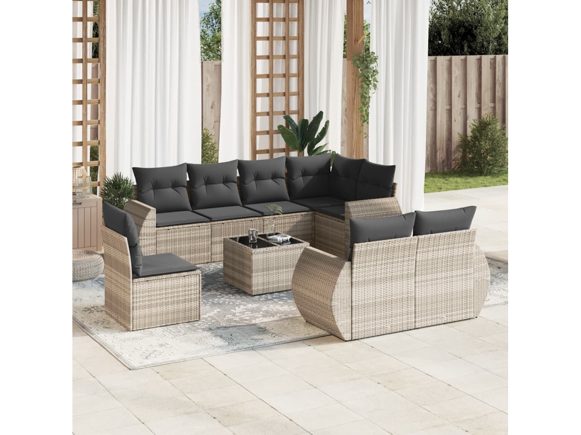Vidaxl 9 Pcs Conj. Sofás Jardim Com Almofadões Vime Pe Cinzento-claro