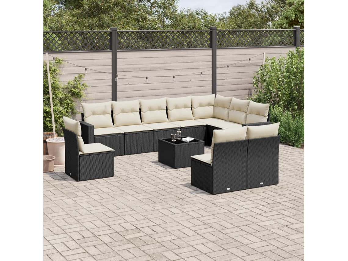 Vidaxl 11 Pcs Conjunto Sofás De Jardim C/ Almofadões Vime Pe Preto