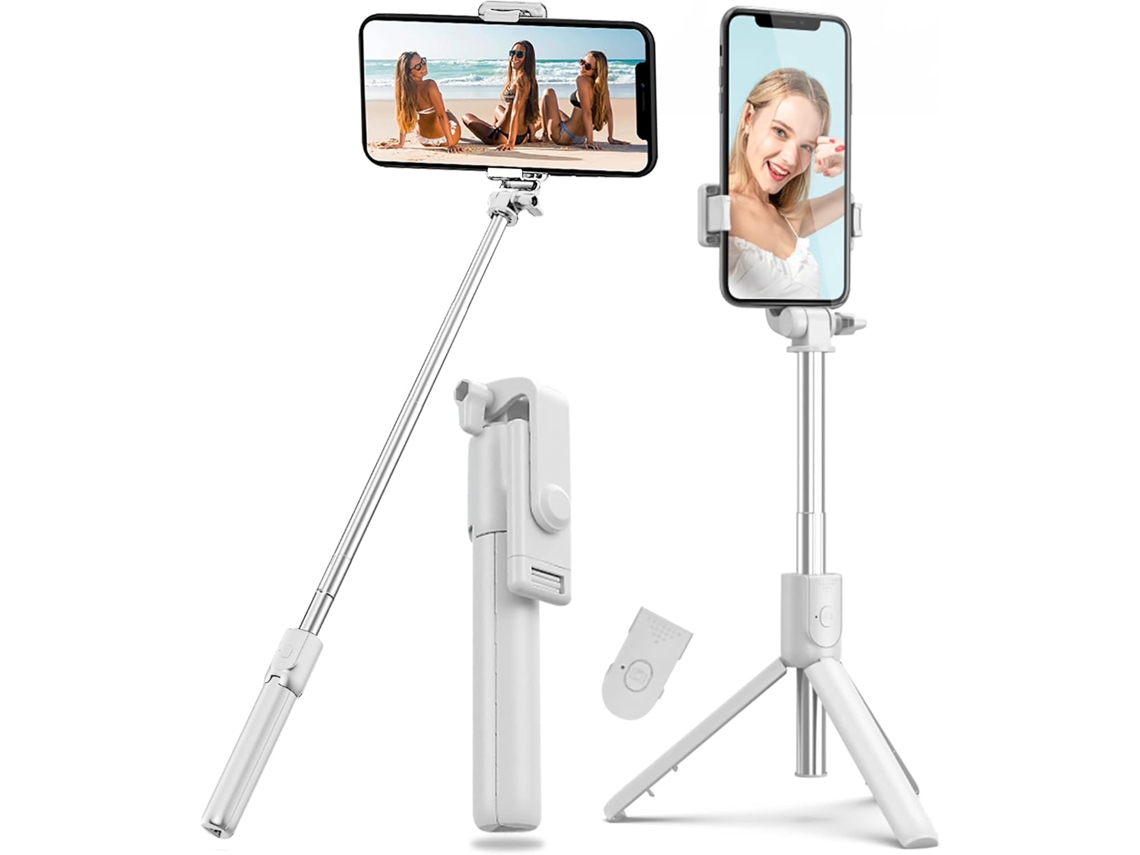 Selfie Stick ZYBLSSBB com tripé, Bluetooth 4 em 1, alumínio, controle remoto, giratório 360°, branco