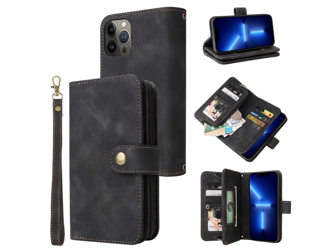 Capa De Couro Com Compartimento Para Cartão Multifuncional E Zíper Para Iphone 13