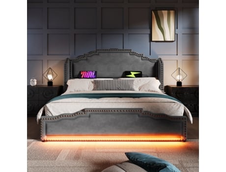 Cama Estofada 180×200,veludo, Cinza, Sem Colchão.