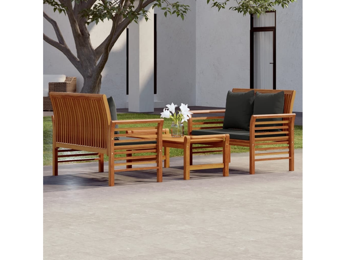 3 Pcs Conjunto Lounge De Jardim C/ Almofadões Acácia Maciça Dkd Home Decor