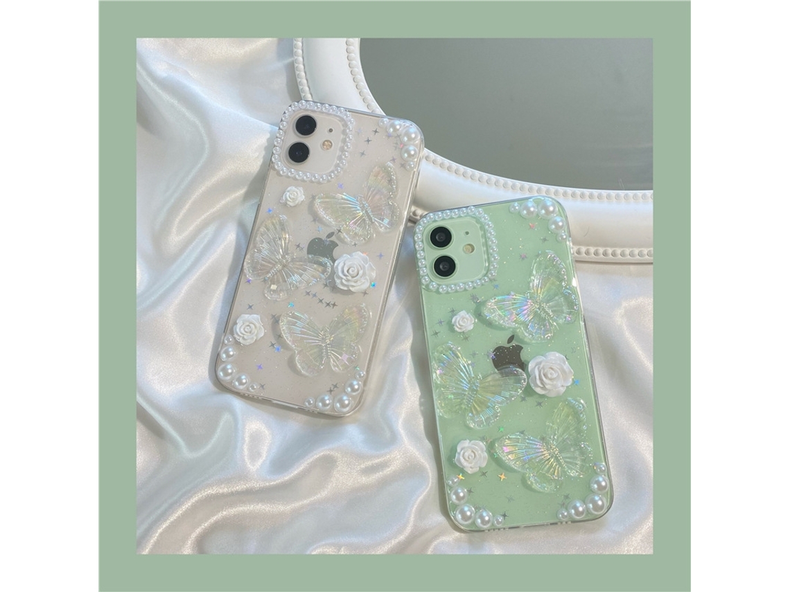 Capa Para Iphone 17 Pro Max Em Resina Epóxi Com Borboleta E Flor Em 3d Com Pérolas, Transparente E Macia.
