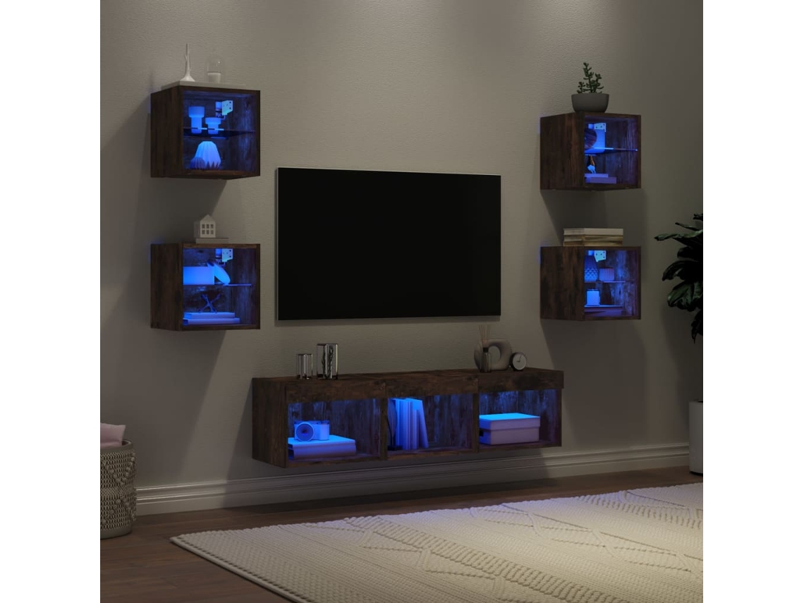 Vidaxl 7pcs Móveis Parede P/ Tv C/ Leds Deriv. Madeira Carvalho Fumado