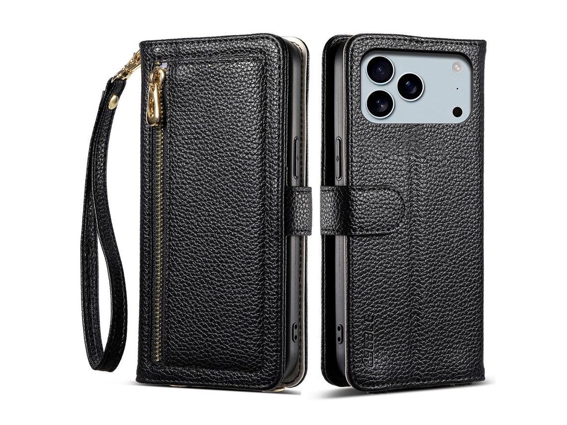 Capa Carteira Espelhada Skalo Eseble E11 Litchi Para Iphone 17 Pro - Preta
