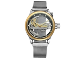 Relógio automático masculino de luxo Forsining com pulseira de aço inoxidável nas cores preto e dourado.