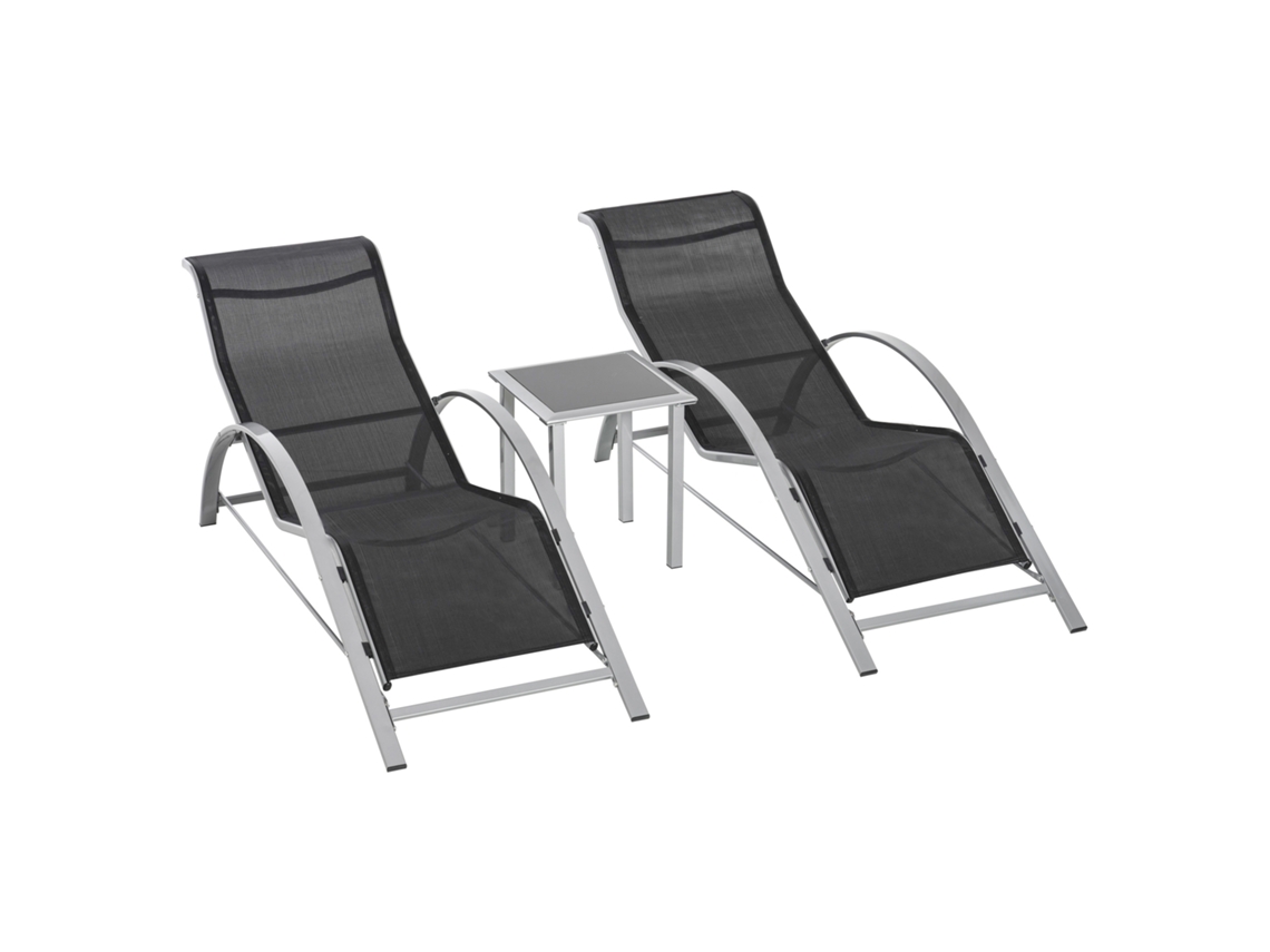 Conjunto 3 Peças Espreguiçadeira Mesa Tela Preta Varanda VELTRIX