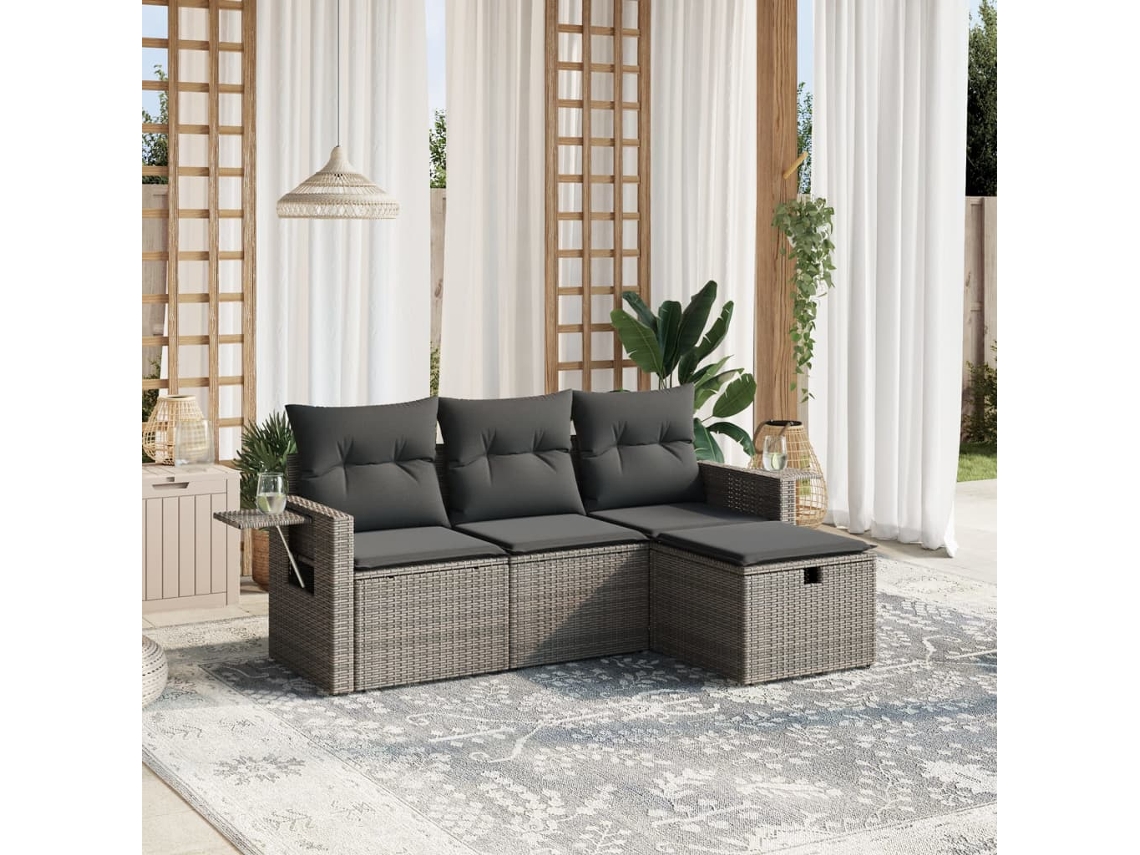 Vidaxl 4 Pcs Conjunto Sofás De Jardim C/ Almofadões Vime Pe Cinzento