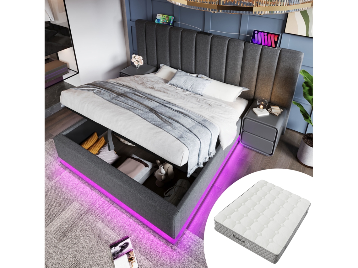Cama De Casal 180x200 Com Led App, Usb-c, Armazenamento E Colchão
