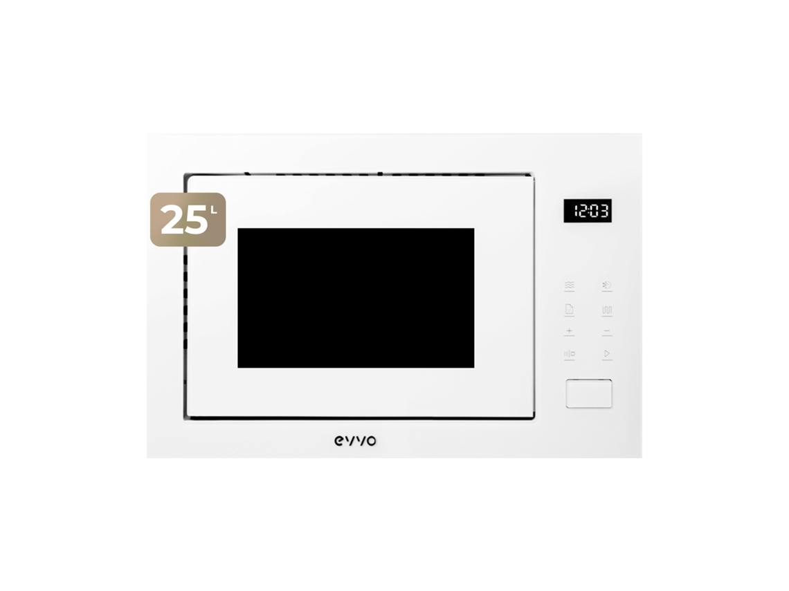 Evvo Micro-ondas Integrável Mi45 Glass White, 25l, Grill 1200w, 8 Funções, Multifunção, Temporizador 60 Min, Display Digital, Branco