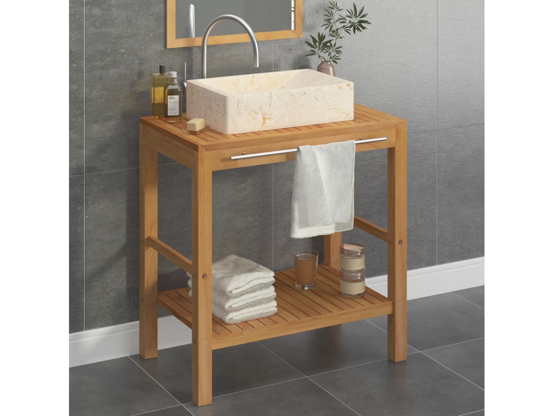 Vidaxl Armário Casa De Banho Teca Maciça + Lavatório Mármore Cor Creme