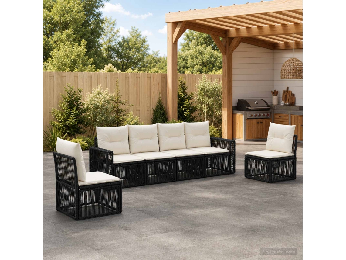 Vidaxl Conjunto De Sofá De Jardim 6 Pcs Preto E Branco Creme Vime Pe