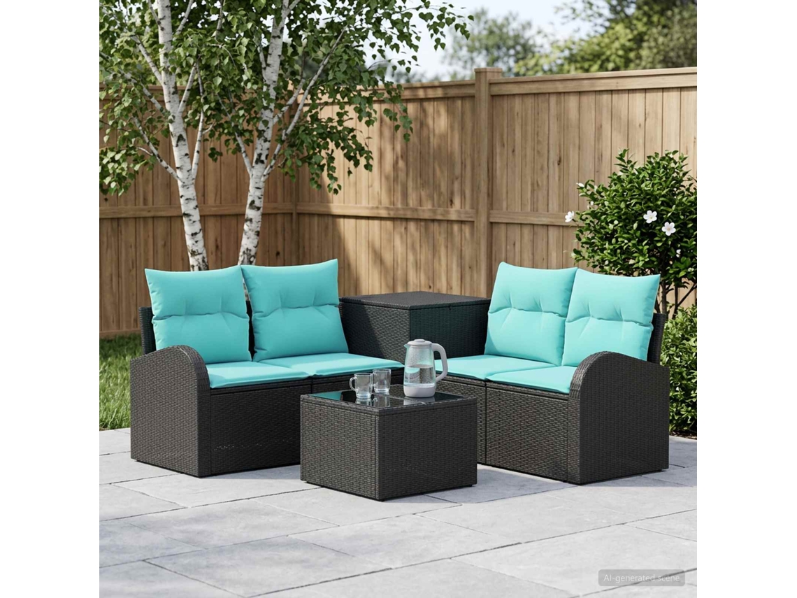Vidaxl Conjunto De Sofás 6 Unid. Preto E Azul Rattan Poliéster E Aço