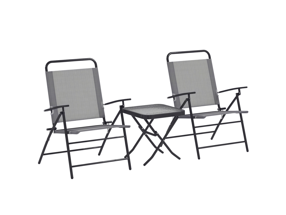 Conjunto de jardim com mesa de vidro e 2 cadeiras dobráveis com encosto ajustável cinza BTFORUS