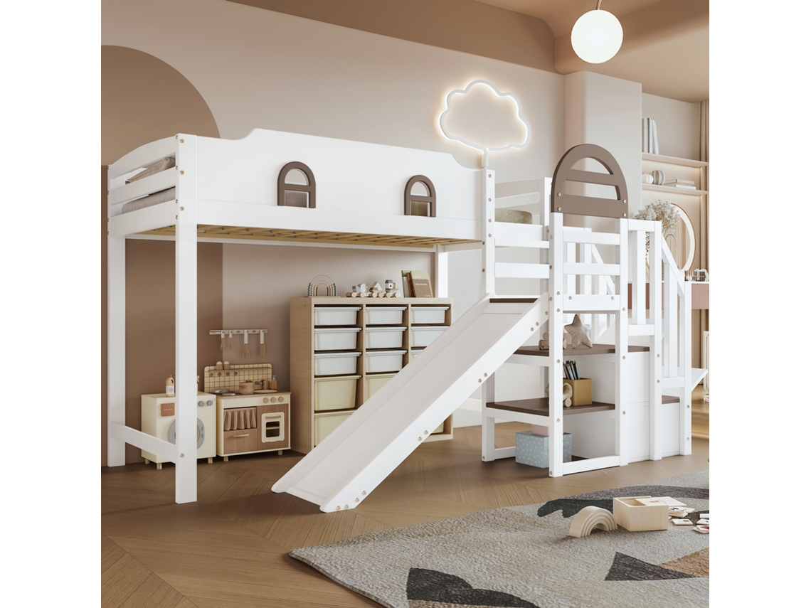 Cama De Berço 90x200cm Com Janela Rampa Escadas Armários Branco+marrom